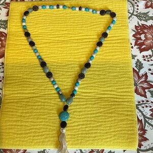 Artisan 24” long Turquoise, Cream and green jade Beaded Tassel Necklace